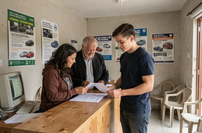 Groupe de personnes consultant des documents à l'accueil d'un garage solidaire pour des réparations auto abordables