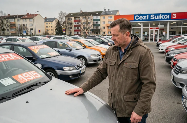 Homme examinant une voiture d'occasion dans un concessionnaire automobile en Pologne avec des étiquettes de prix en zloty sur les pare-brises