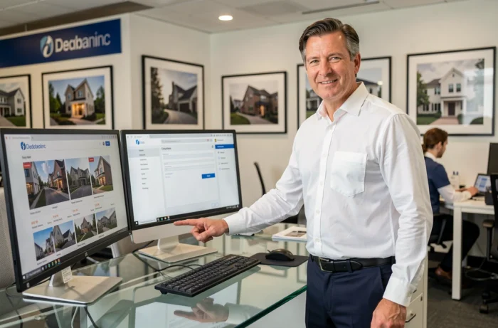 Agent immobilier professionnel en agence présentant des annonces en ligne sur ordinateur