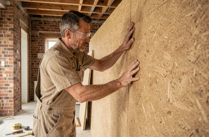 Ouvrier installant un panneau isolant en fibre de bois comme alternative au placo dans une pièce en cours de rénovation