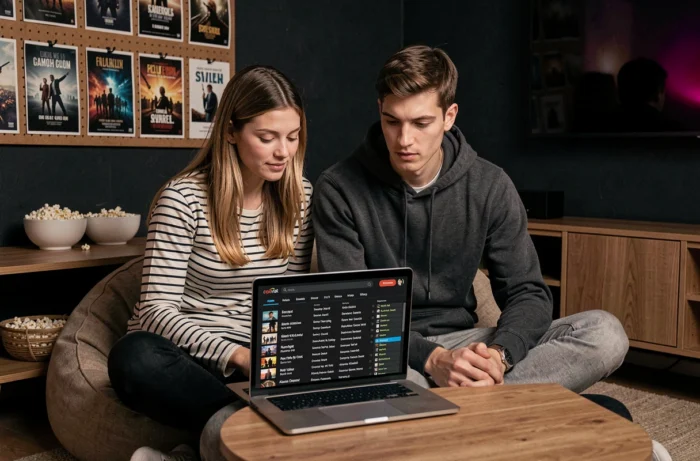 Deux amis consultant ensemble le sitemap d'un site de séries TV sur un ordinateur portable dans une salle multimédia