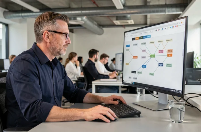 Homme analysant un diagramme de plan de site sur un écran d'ordinateur dans un bureau professionnel