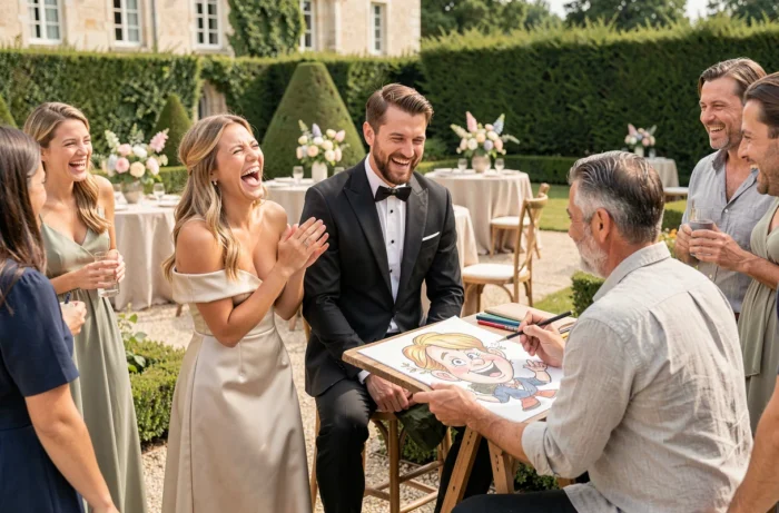 Couple de mariés riant lors d'une animation caricature en plein air dans un jardin de château