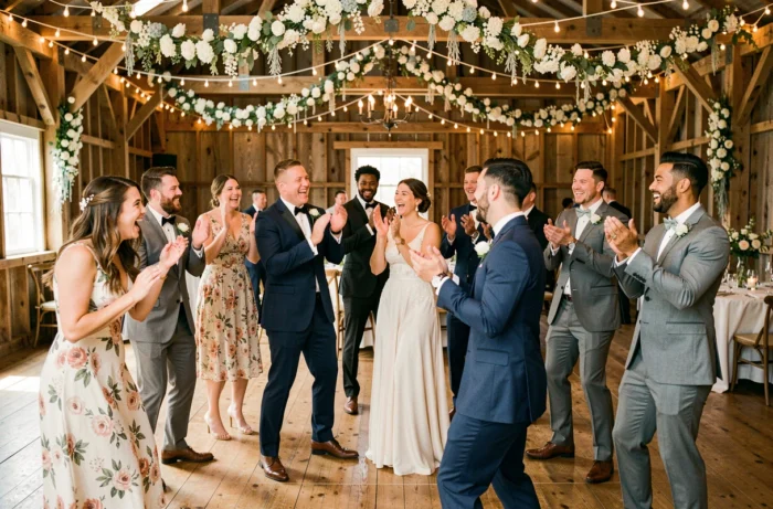Groupe d'invités de mariage en train de danser et rire lors d'une animation flash mob dans une grange décorée