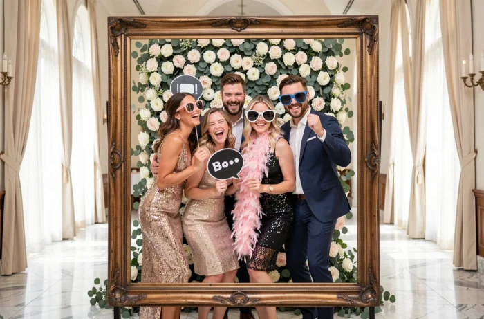 Invités de mariage s'amusant dans un photobooth fleuri avec accessoires festifs lors d'une réception élégante