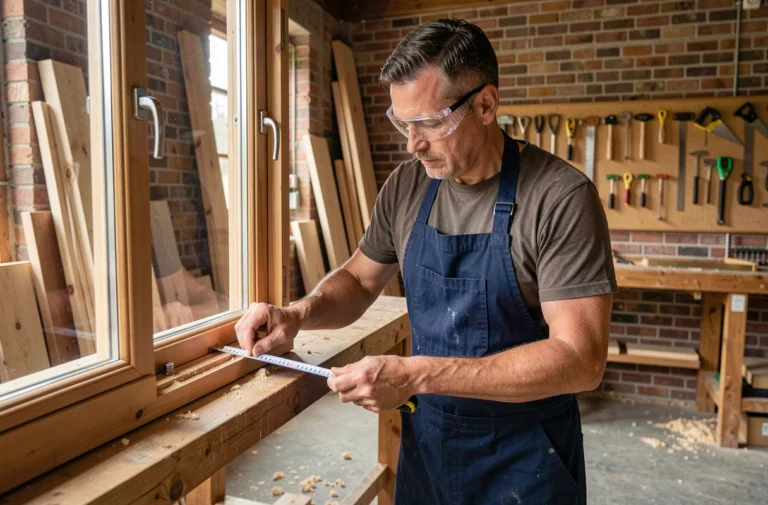 Artisan menuisier mesurant un cadre de fenêtre en bois dans un atelier de menuiserie en Picardie