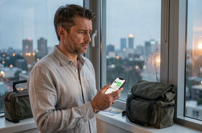 Homme en célibat géographique pensif devant une fenêtre urbaine avec un téléphone affichant une conversation à distance