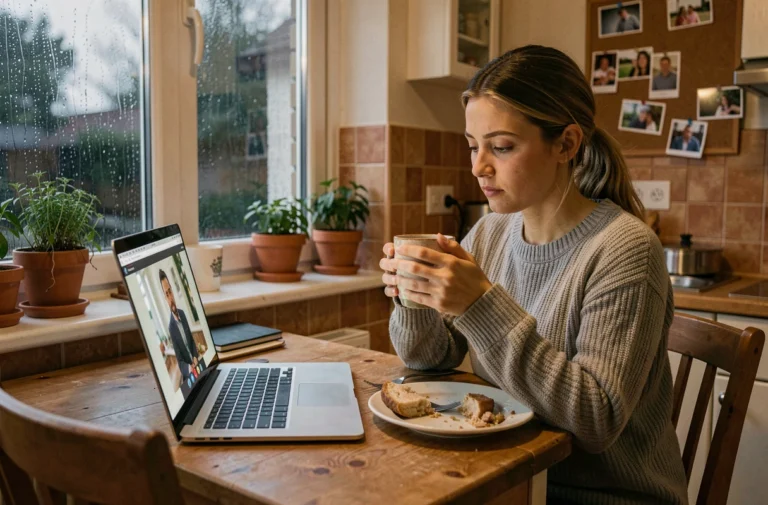 Femme en célibat géographique partageant un repas à distance via un ordinateur portable dans une cuisine chaleureuse