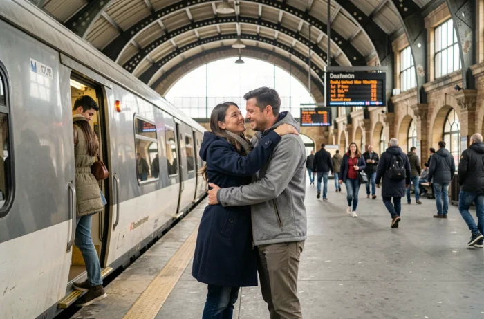Couple en célibat géographique se retrouvant avec émotion sur le quai d'une grande gare après une longue séparation