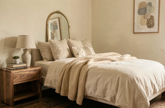 Chambre à coucher chaleureuse et sophistiquée avec un lit en lin ivoire, une couverture tricotée, une table de chevet en noyer et une décoration minimaliste élégante