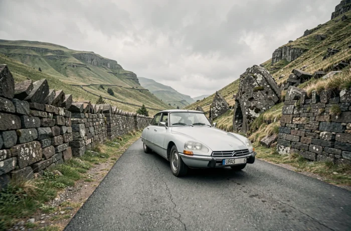 Citroën DS classique gris argent roulant sur une route de montagne étroite en Auvergne, paysage volcanique avec murs de pierre et ciel couvert