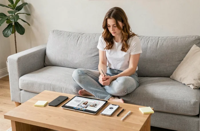 Jeune femme comparant deux iPhones chez elle pour choisir le modèle le plus abordable