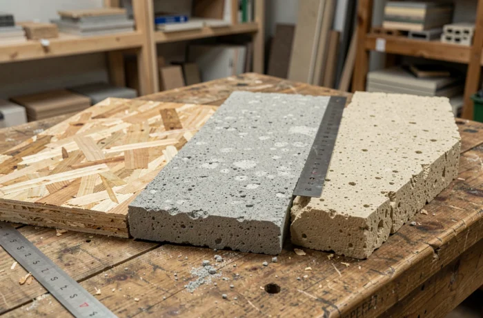 Comparaison de matériaux alternatifs au placo standard : OSB, panneau ciment et bloc chanvre posés sur un établi de chantier