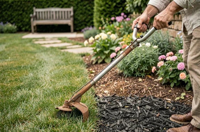 Utilisation d'un coupe-bordure manuel pour délimiter une pelouse et un massif de fleurs dans un jardin aménagé