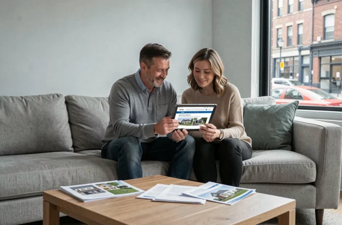 Couple consultant une agence immobilière en ligne sur tablette pour leur projet d'achat immobilier