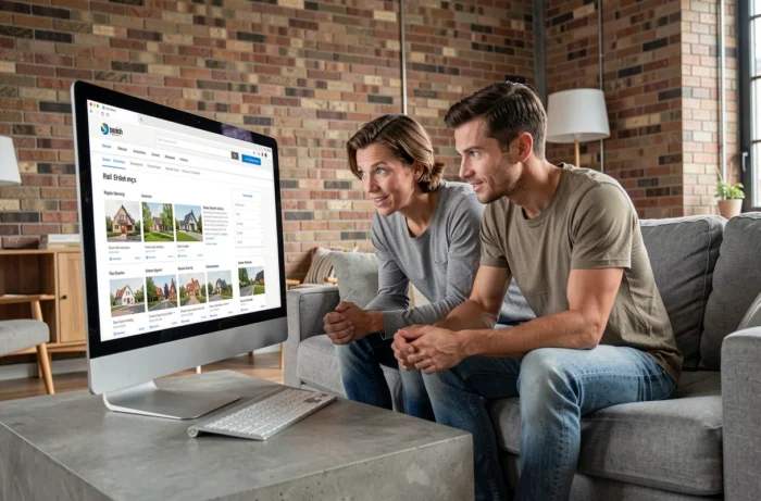 Couple explorant ensemble le plan d'un site immobilier sur un grand écran d'ordinateur dans un salon moderne