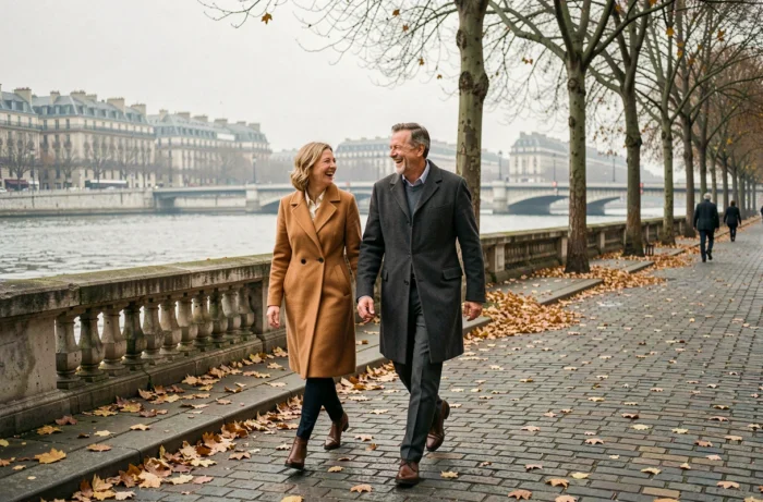 Couple complice marchant en riant sur les quais de la Seine à Paris en automne, promenade romantique en manteaux élégants