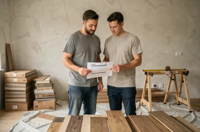 Couple comparant des lames de parquet commandées à distance avec leur bon de livraison dans un salon en cours de rénovation