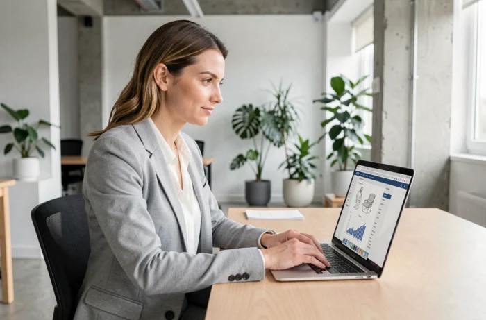 Femme professionnelle travaillant sur la création d'un site web pour améliorer la visibilité en ligne de son entreprise