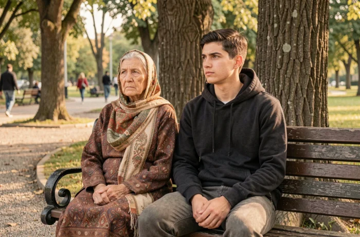 Une femme âgée et un jeune homme assis sur un banc public dans un parc, illustrant les disparités intergénérationnelles et socioculturelles