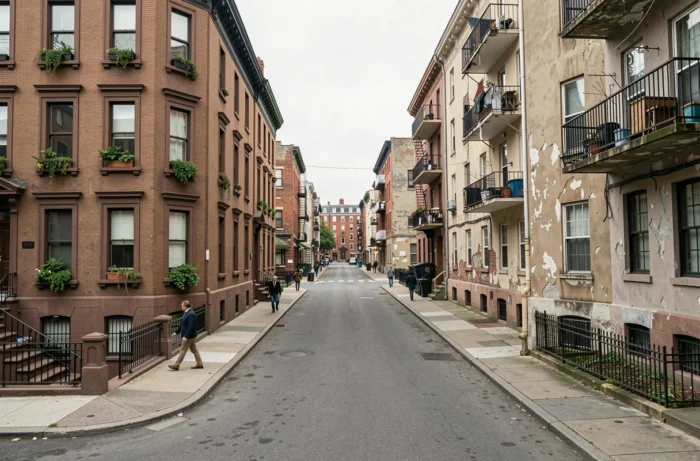 Contraste entre deux immeubles résidentiels côte à côte symbolisant les disparités de richesse et de conditions de vie en milieu urbain
