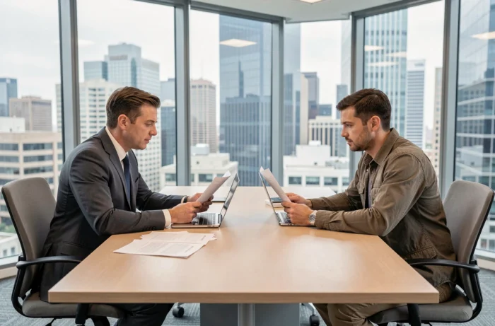 Deux professionnels aux statuts contrastés assis face à face dans un bureau moderne, illustrant la disparité sociale et professionnelle