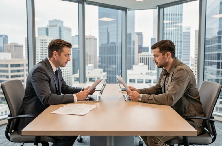 Deux professionnels aux statuts contrastés assis face à face dans un bureau moderne, illustrant la disparité sociale et professionnelle