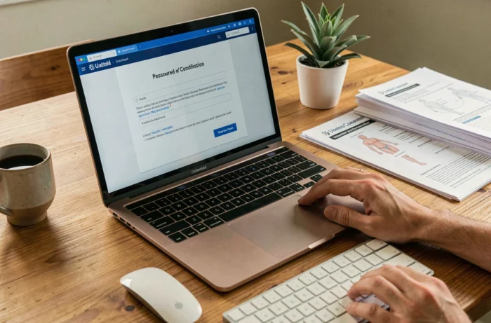 Écran d'ordinateur affichant une page de réinitialisation de mot de passe Medisysnet sur un bureau à domicile pour professionnel de santé