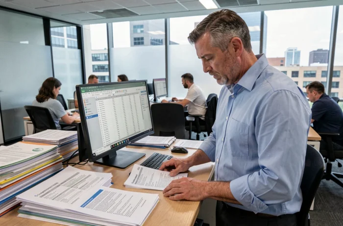 Employé consultant des dossiers d'aide au logement dans un espace de travail d'entreprise moderne avec documents et ordinateur