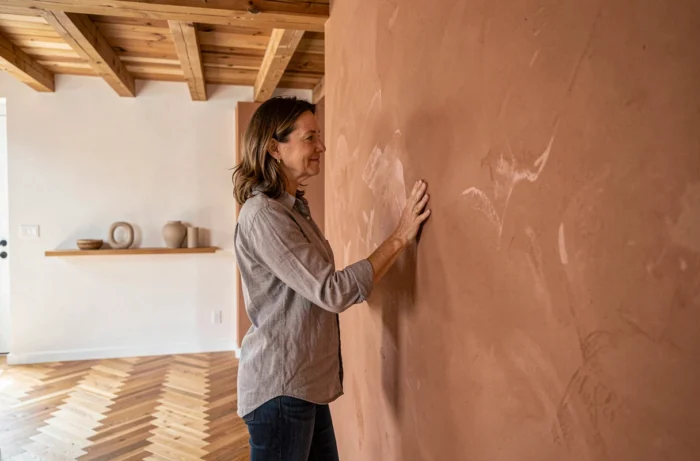 Femme inspectant la surface d'un mur en enduit d'argile, alternative naturelle au placo dans une rénovation intérieure contemporaine