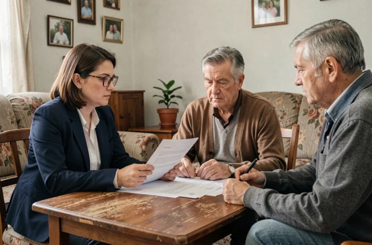 Travailleuse sociale menant un entretien à domicile avec un couple dans le cadre d'une enquête sociale après signalement