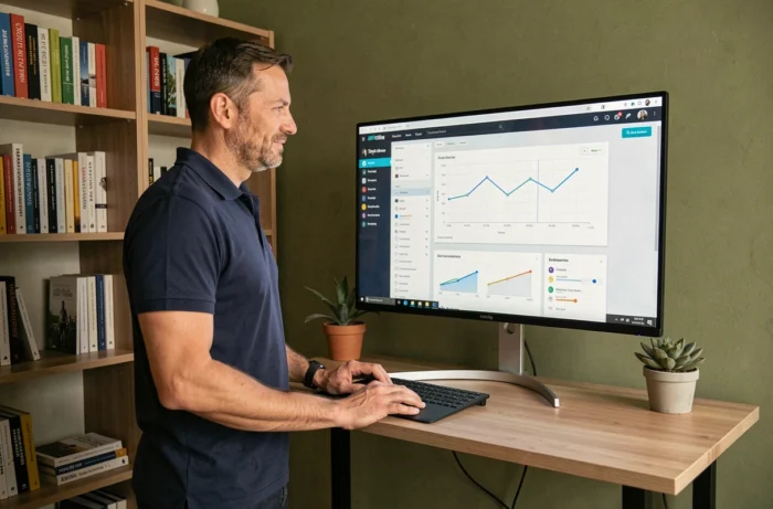 Entrepreneur masculin gérant le design et la visibilité de son site web professionnel depuis son bureau à domicile