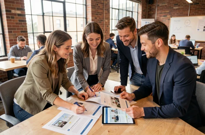 Équipe de professionnels collaborant sur la stratégie de création d'un site web pour renforcer la présence en ligne d'une entreprise