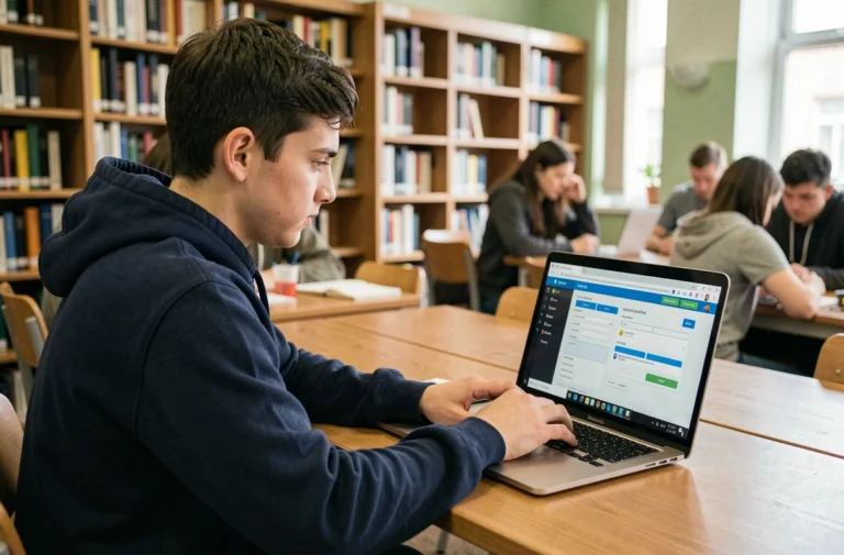 Étudiant ingénieur utilisant le portail e-service d'Esigelec sur son ordinateur portable dans une bibliothèque universitaire