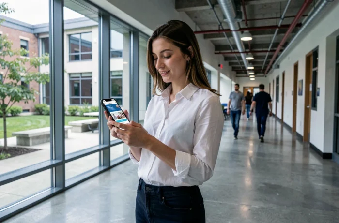 Étudiante ingénieure consultant les services en ligne d'Esigelec sur smartphone dans un couloir moderne de campus