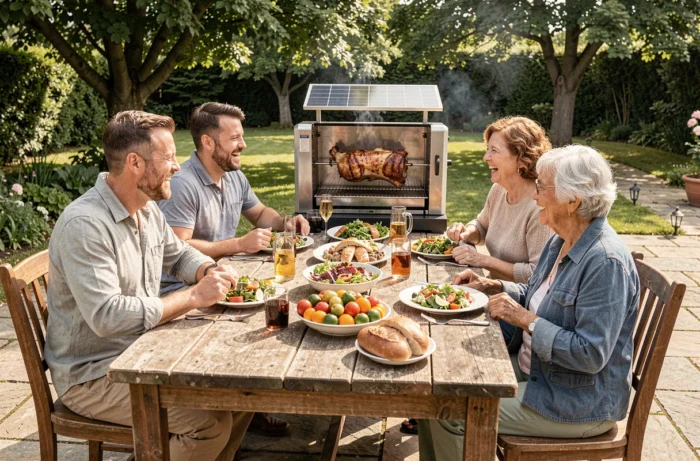 Famille réunie autour d'un barbecue tourne-broche solaire pour un repas convivial au jardin