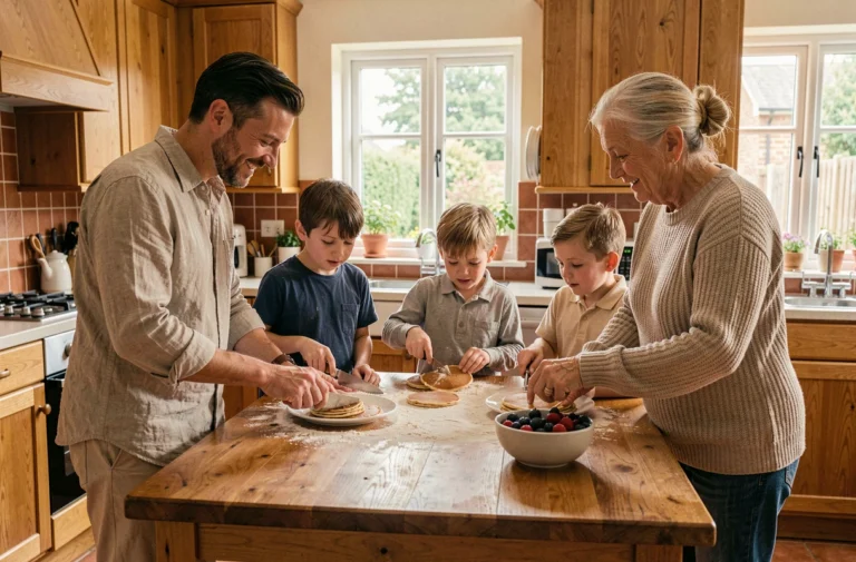 Famille multigénérationnelle préparant des pancakes ensemble dans une cuisine chaleureuse en bois et carrelage terracotta