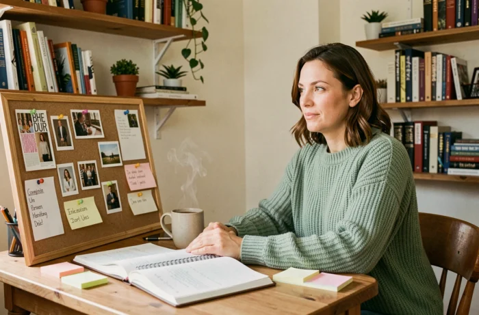 Femme organisée consultant un tableau de rubriques dans un bureau cosy rempli de carnets et de notes colorées