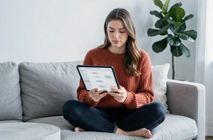 Jeune femme consultant une carte de site numérique sur tablette dans un salon scandinave