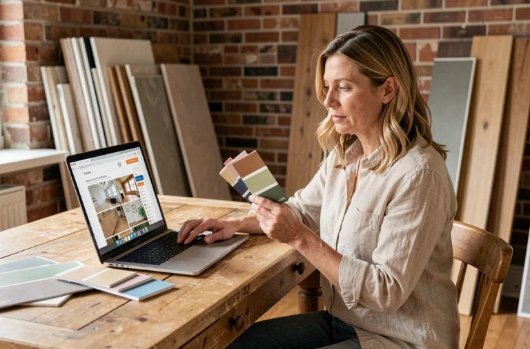 Femme consultant un site de vente à distance de matériaux de construction depuis sa cuisine, entourée d'échantillons de carrelage et de parquet