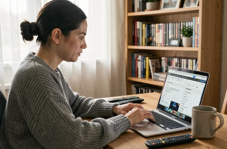 Femme consultant le sitemap d'un site de séries TV sur un ordinateur portable dans un bureau à domicile