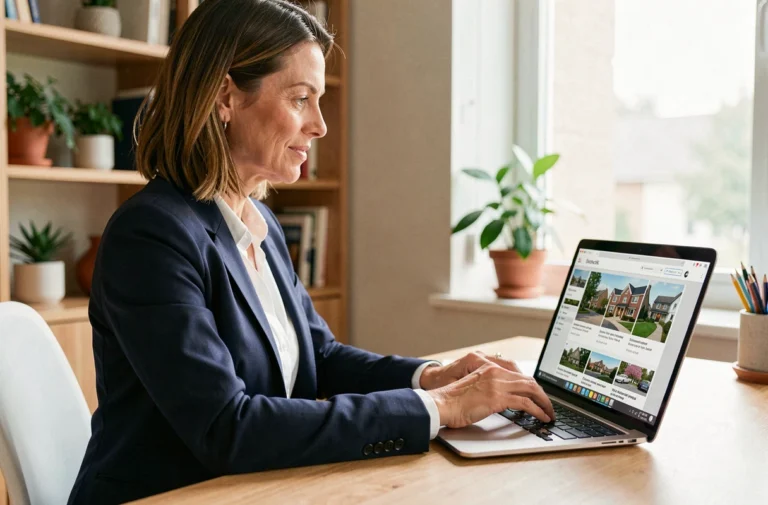 Femme professionnelle contactant une agence immobilière en ligne depuis son bureau à domicile