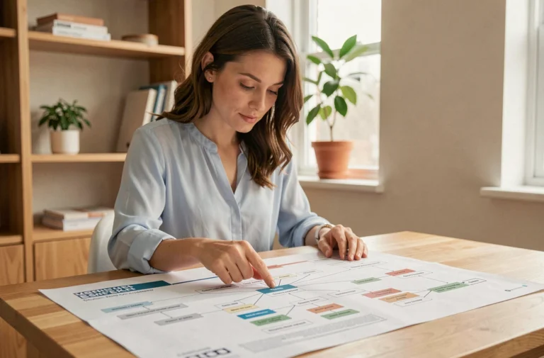 Femme étudiant une carte de site web imprimée sur un bureau en bois dans un bureau à domicile moderne