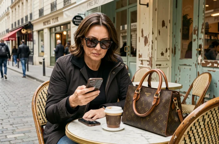 Femme avec un sac à main contrefait de luxe attablée en terrasse de café, symbole des signes révélateurs des faux riches
