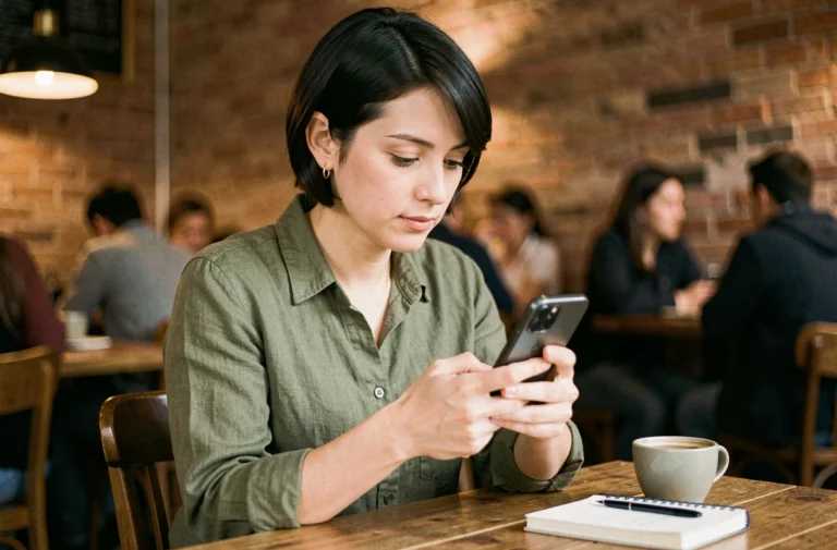 Femme consultant un iPhone abordable dans un café, comparant les modèles avant achat