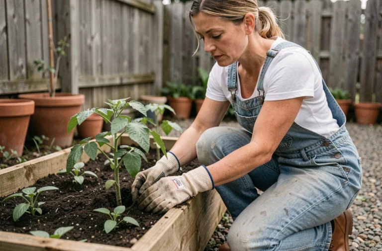 Femme jardinière qui plante des légumes dans un carré potager en bois avec des gants de jardinage