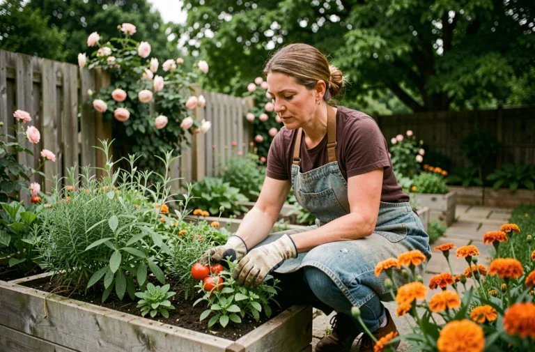 Femme jardinant dans un potager surélevé en bois entouré d'herbes aromatiques, de tomates et de fleurs de souci dans un jardin bucolique