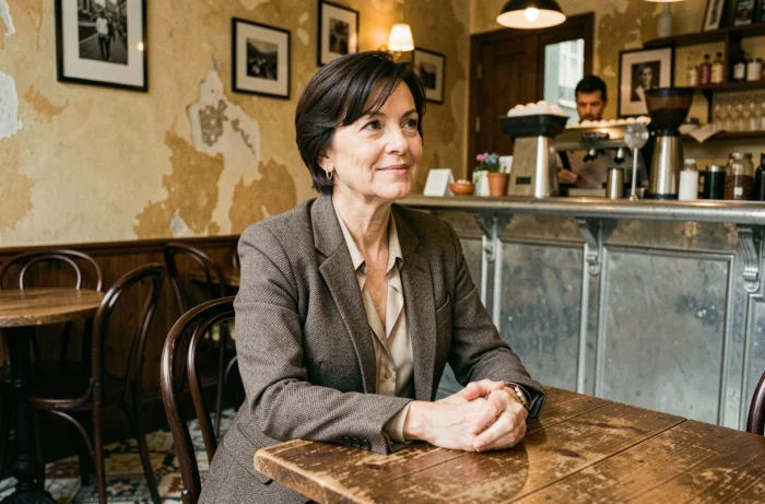 Femme journaliste souriante assise dans un bistrot parisien authentique, portrait éditorial chaleureux en blazer chic
