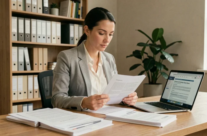 Femme d'affaires consultant des mentions légales et documents de politique de confidentialité à son bureau