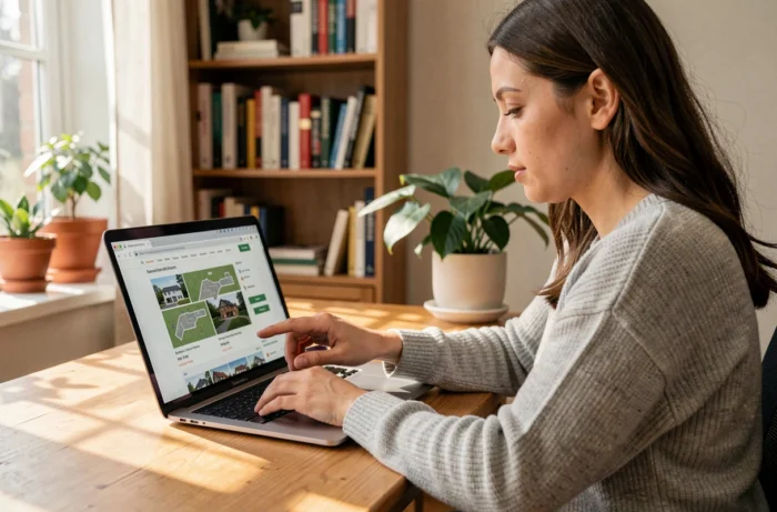 Femme naviguant sur un site immobilier grâce au plan du site affiché sur un ordinateur portable dans un bureau à domicile